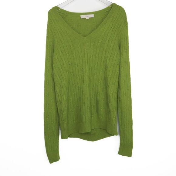 Ann Taylor LOFT Sheen Green V-Neck Cable Knit Sweater Medium - Picture 2 of 6